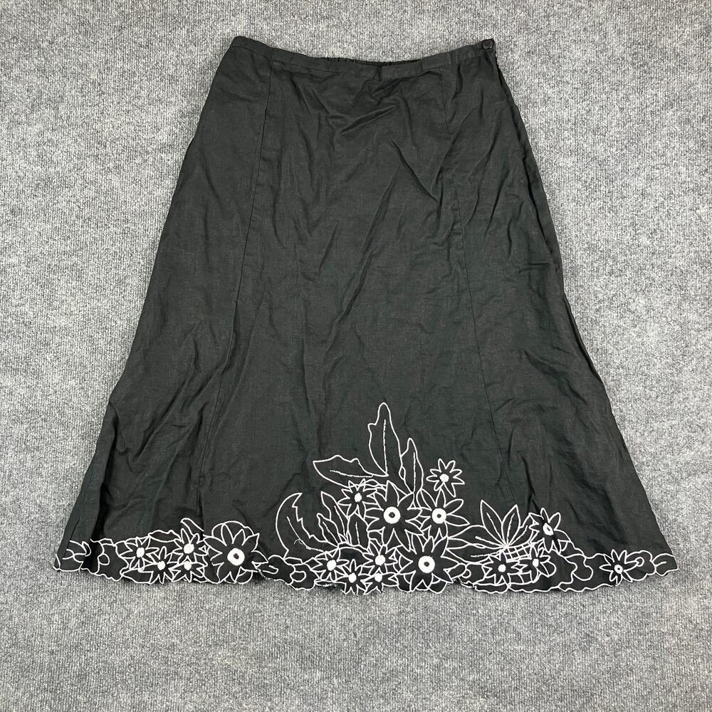 JM Collection Skirt Womens 16 Black‎ Linen A-Line Embroidered Floral Midi